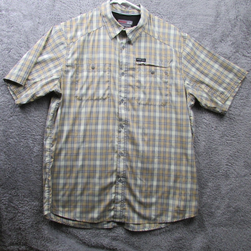 Wrangler Outdoor Shirt Mens Large Beige Blue Plaid Short Sleeve Vented Fishing